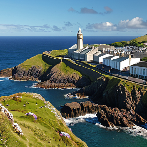 Home 11 **Low Tax Haven Island:** A scenic view of the Isle of Man, highlighting its natural beauty and modern financial buildings, symbolizing a tax haven. Include elements that suggest both wealth and serenity.