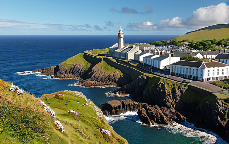 **Low Tax Haven Island:** A scenic view of the Isle of Man, highlighting its natural beauty and modern financial buildings, symbolizing a tax haven. Include elements that suggest both wealth and serenity.