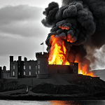 **A black and white photo of Peel Castle engulfed in flames, emphasizing the historical damage and destruction of the fire. Focus on the castle's silhouette against the dark smoke.**