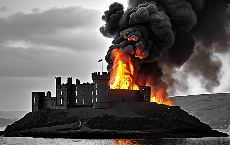 **A black and white photo of Peel Castle engulfed in flames, emphasizing the historical damage and destruction of the fire. Focus on the castle's silhouette against the dark smoke.**