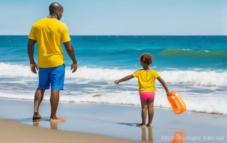 맨섬 해양 사고 사례 - **Prompt:** A serene yet subtly powerful coastal scene featuring a young family. A mother and father...