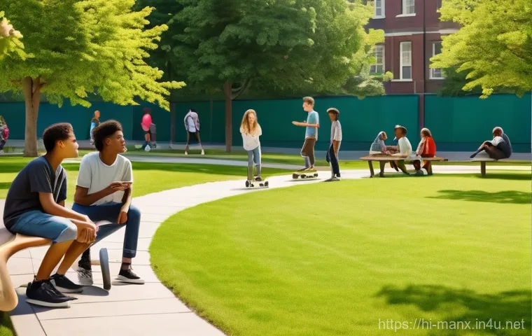 맨섬 도시 개발 프로젝트 - **Prompt 1: Urban Park Scene**
"A vibrant and diverse group of teenagers and young adults, aged ...