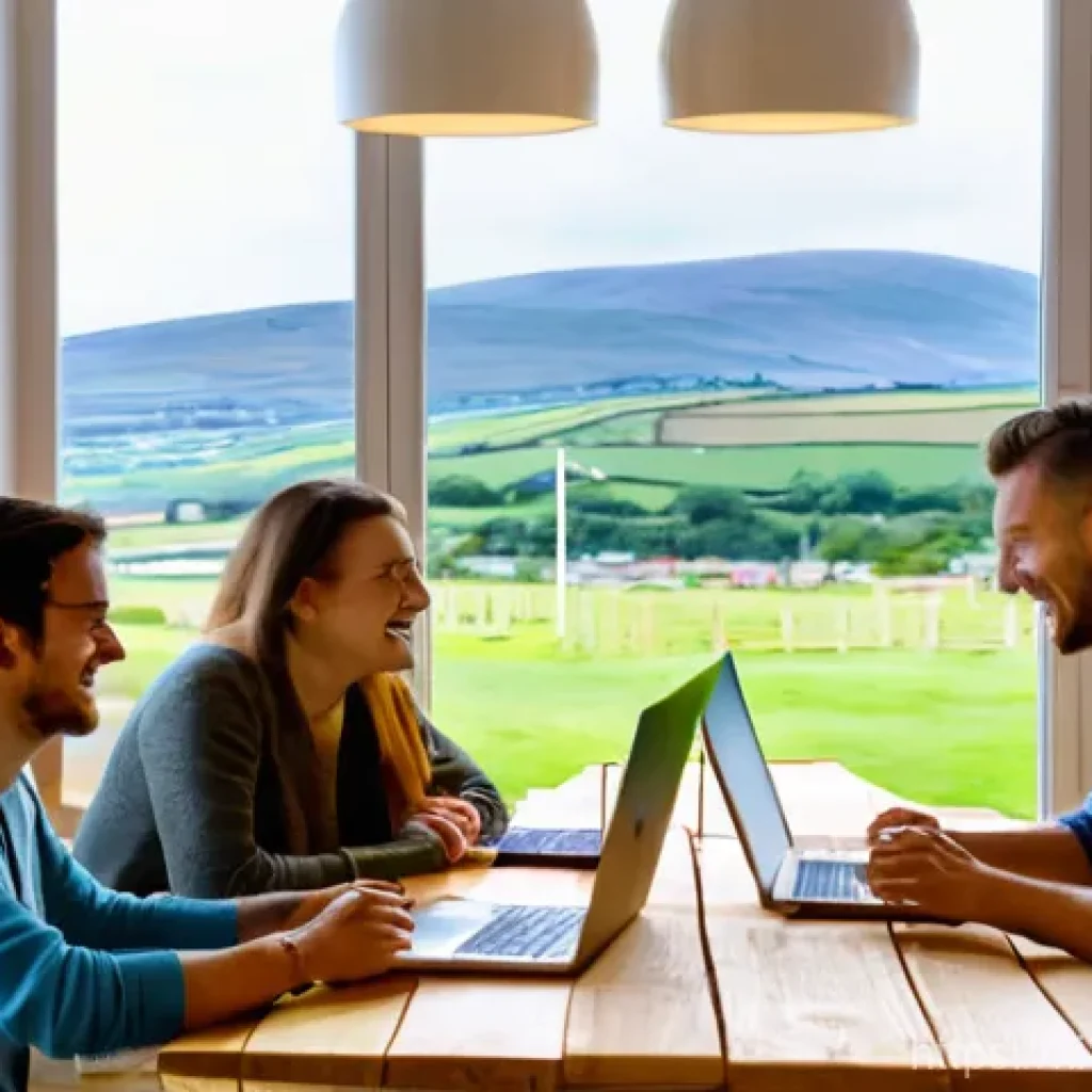 맨섬 디지털 노마드 정책 - **Prompt 1: Serene Coastal Workstation**
A wide shot of a tranquil, panoramic coastal view on th...