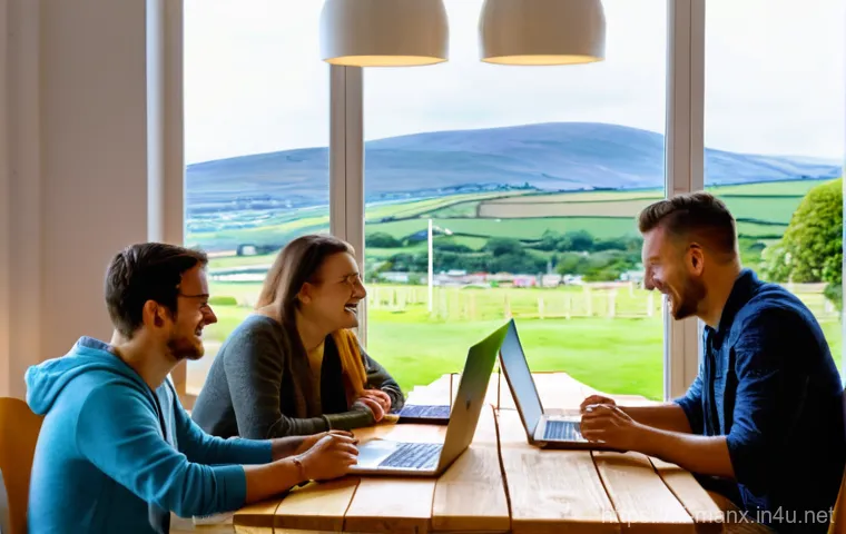 맨섬 디지털 노마드 정책 - **Prompt 1: Serene Coastal Workstation**
A wide shot of a tranquil, panoramic coastal view on th...