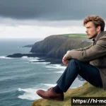 맨섬 작가 홀 캐인 - **Prompt:** A young, thoughtful man, reminiscent of Hall Caine in his early years, sits on a rugged ...