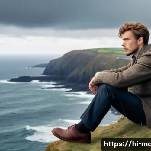 Home 11 맨섬 작가 홀 캐인 - **Prompt:** A young, thoughtful man, reminiscent of Hall Caine in his early years, sits on a rugged ...