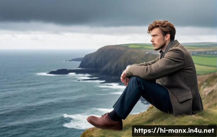 맨섬 작가 홀 캐인 - **Prompt:** A young, thoughtful man, reminiscent of Hall Caine in his early years, sits on a rugged ...